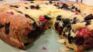 macro shot of raspberry cake from side angle
